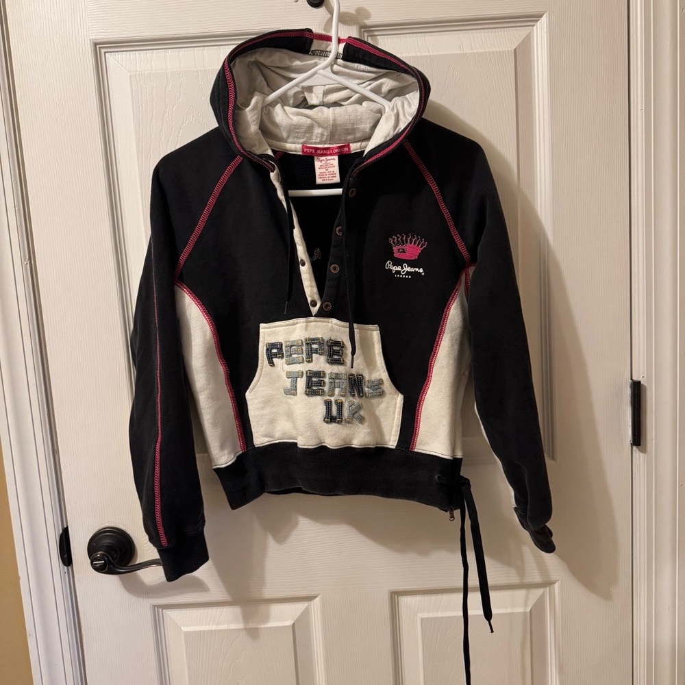 Pepe Jeans London Vintage Y2K Black White & Pink Pullover Hoodie Tie Detail Rare